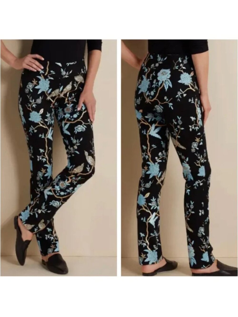 Soft Surroundings Chinoiserie Pants Ponte Foil Printed Floral Birds Boho size XL - Picture 4 of 11